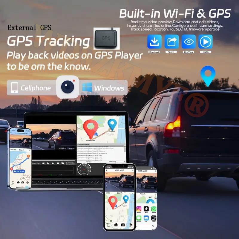 Автомобильный видеорегистратор 4K WIFI GPS DashCam для автомобильного видеорегистратора Камера переднего и заднего вида Ночное видение Черный ящик Круглосуточная парковка Автомобильные аксессуары
