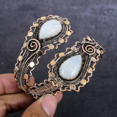 Браслет-манжета из натурального радужного лунного камня с медной проволокой, регулируемый u5O89