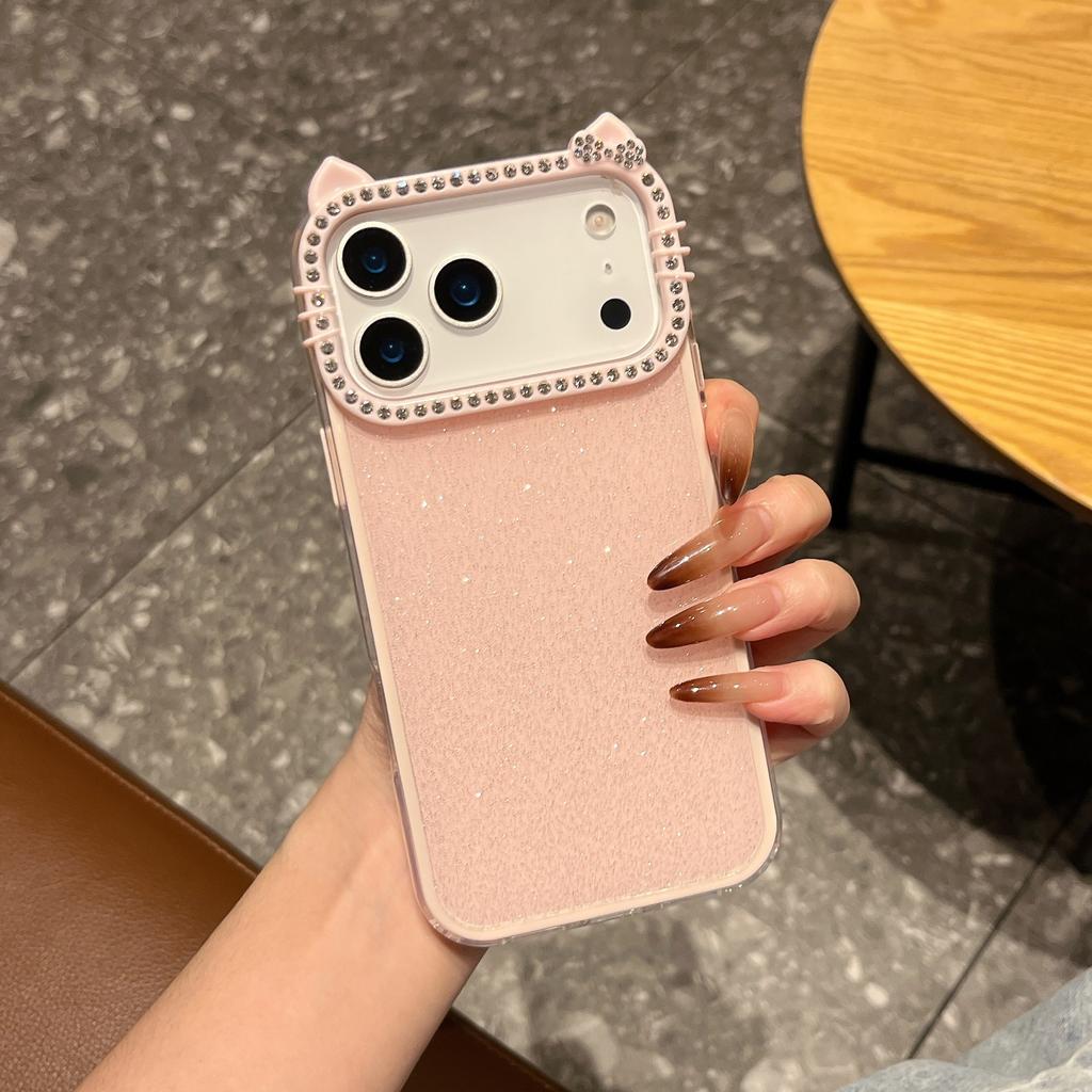 Роскошный Набор Алмазных Кошачьих Ушей Блестящий Чехол 2-в-1 для iPhone 11 12 13 14 15 17 Pro Max 16 Plus Мягкий Бампер Задняя Крышка