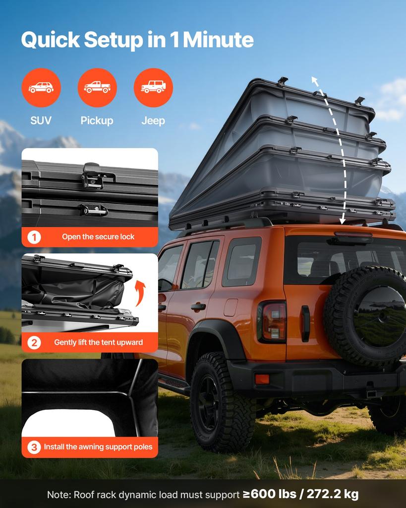 VEVOR Rooftop Tent Hard Shell, 2-3 Person Aluminum Roof Top Tent Hardshell with Tri-Color LED Light, Thick Mattress & 1 Window