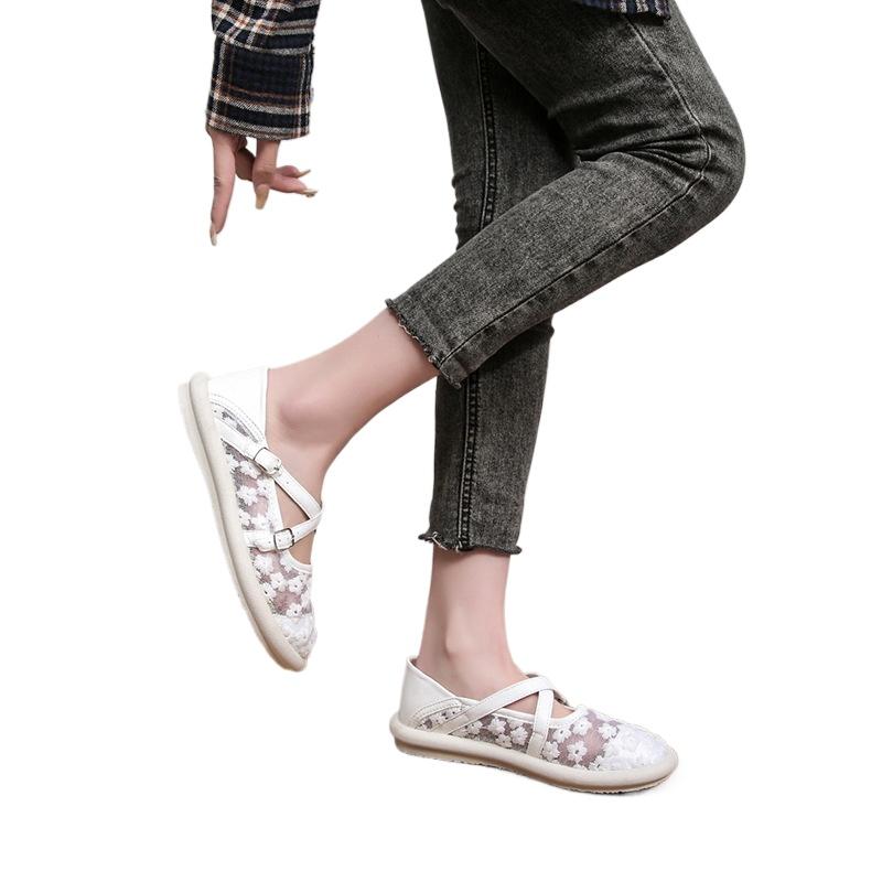 Модная женская обувь на одинарной подошве Лето 2025 Новая Толстая подошва Сетка Вышивка Кружево Тканевая обувь Повседневная Удобная Дышащая Спортивная обувь