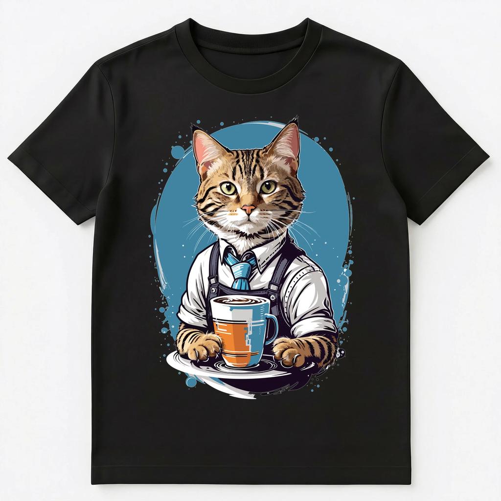 Cute Barista Cat Serving Coffee On A Tray Graphic Design Unisex T-Shirt
