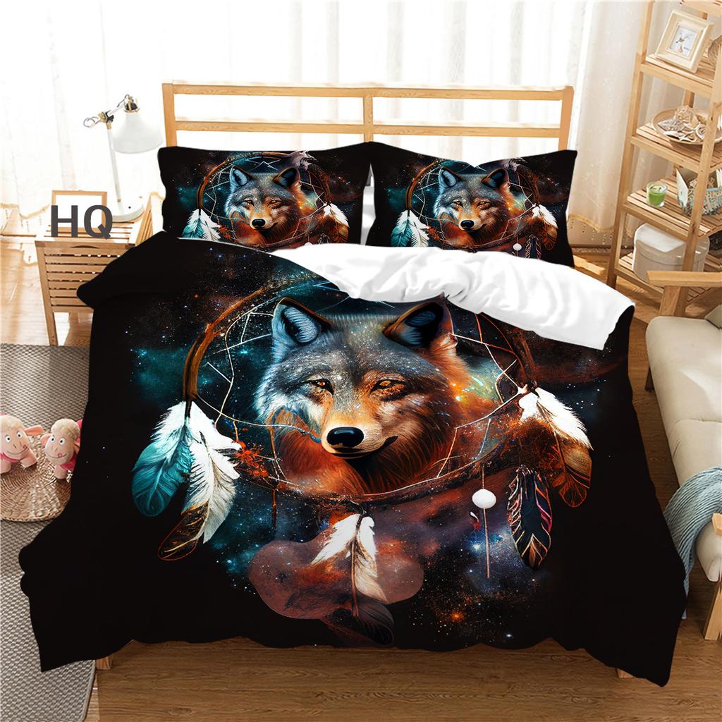 Комплект постельного белья «Ловец снов» для дома, с узором волка, перьями, наволочка, комплект постельного белья, одиночный, двойной, полный размер, 2/3 шт., микрофибра