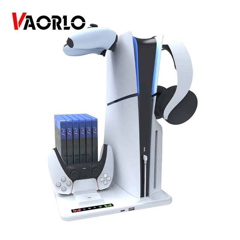 VAORLO Многофункциональная база для отвода тепла для PS5 Slim с двойной зарядкой контроллеров, хранилищем для дисков и подставкой для наушников