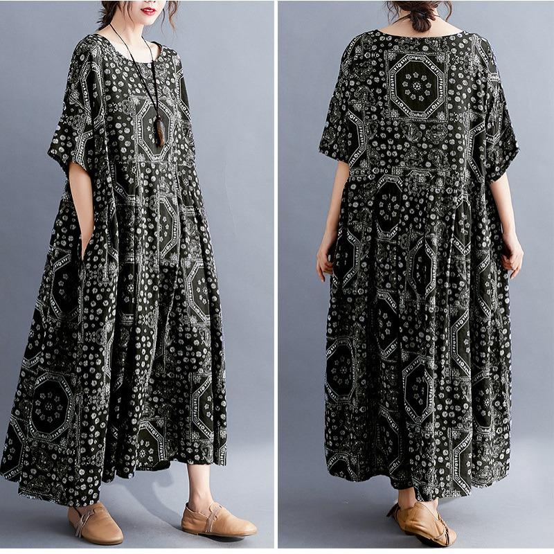 Летняя литература плюс свободное хлопковое льняное платье с короткими рукавами с принтом женские длинные повседневные платья