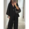 Women's Retro 2-Piece Casual Set, V-Neck One-Button Loose Long Sleeve Top + High Waist Trousers