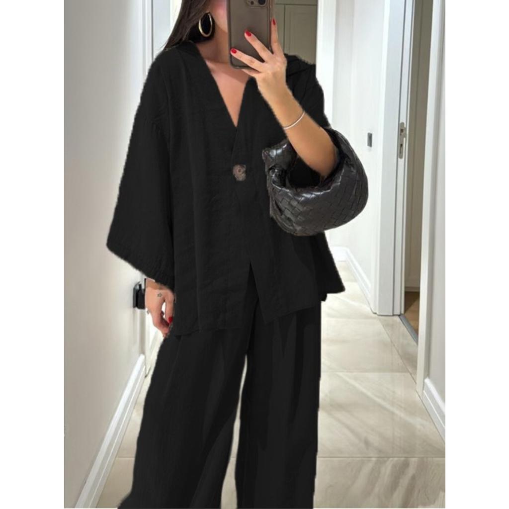 Women's Retro 2-Piece Casual Set, V-Neck One-Button Loose Long Sleeve Top + High Waist Trousers