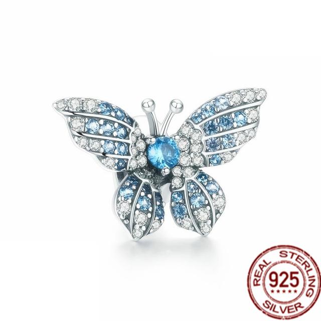 Синий Стерлингового Серебра 925 Бусина Сверкающая Сова Попугай Бабочка Единорог Мотаться Браслет DIY Ювелирные Изделия Подарок