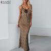 Women Summer Straps Slim Leopard Print Slip Long Dress