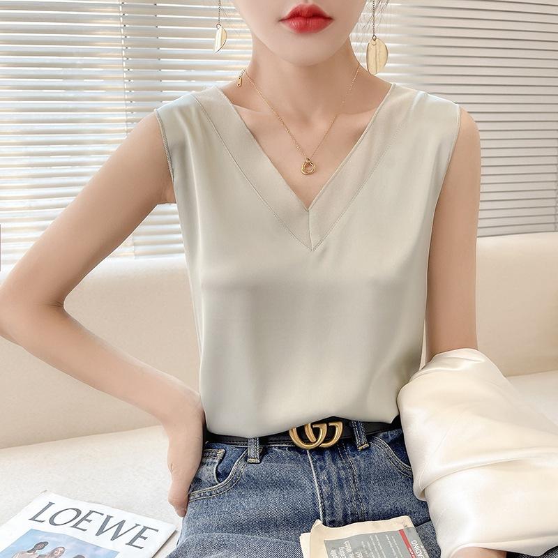 VEZFAA женские модные повседневные летние весенние однотонные блузки и рубашки без рукавов с v-образным вырезом и принтом