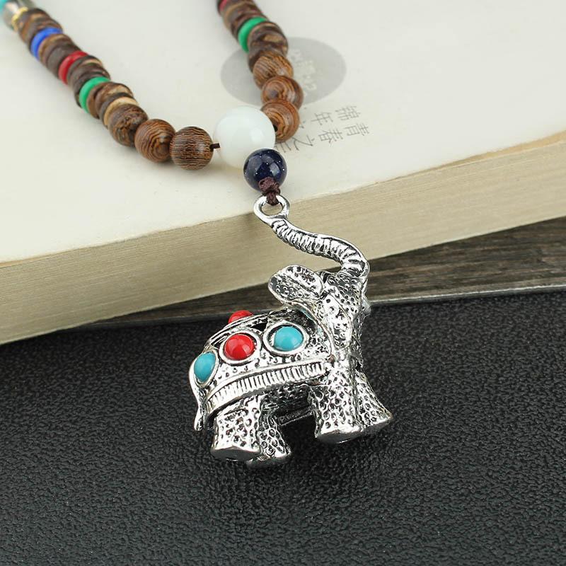 Ethnic Elephant Necklace Versatile Wooden Long Sweater Chain Handmade Vintage Buddha Cotton and Hemp Accessories Pendant