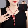 GEMCHIC Women's Vintage Chinese Style Phoenix Pendant Necklace Long Sweater Chain with Pink Jade and Red Beads