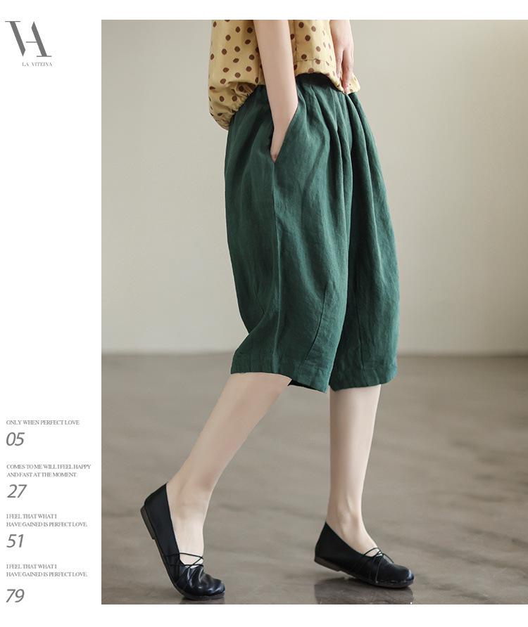 В наличии: Женские летние ретро хлопково-льняные брюки - Эластичная талия, Дизайн пять точек, Большой размер, Повседневный стиль