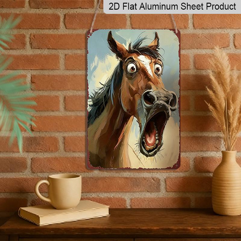 2D Flat, Funny Shocked Horse Aluminum Sign - Retro Humorous Animal Wall Decor Man Cave, Garage, Bar Decor, Farmhouse Decor, Ranch Decor, Funny Home
