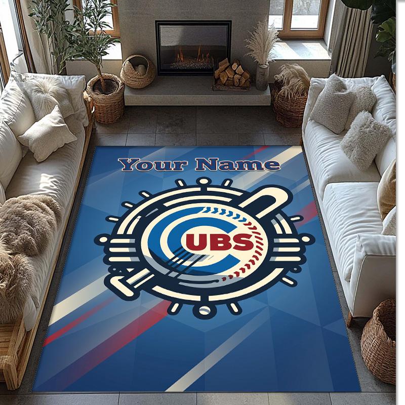 Chicago Cubs Crystal Velvet Rug, Custom Name Text Personalized Non‑Slip Floor Mat for Home Decor Gift