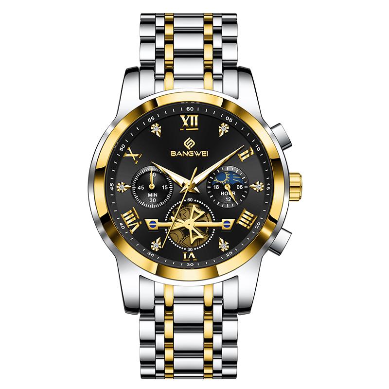 BANGWEI TOP Business Clock Luminous Fashion Men's Watch Moon Phase Sports Male Watch Casual Watches Gift For Men reloj+BOX