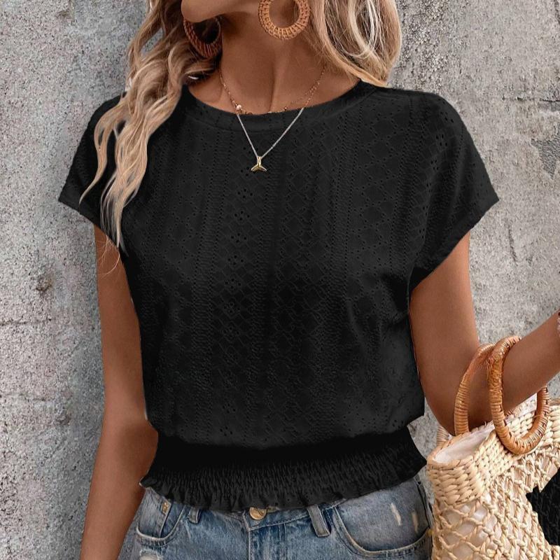 Летняя повседневная блузка с круглым вырезом из жаккарда с коротким рукавом, милые свободные женские рубашки, топы, элегантные однотонные узкие белые блузки для отпуска 26365