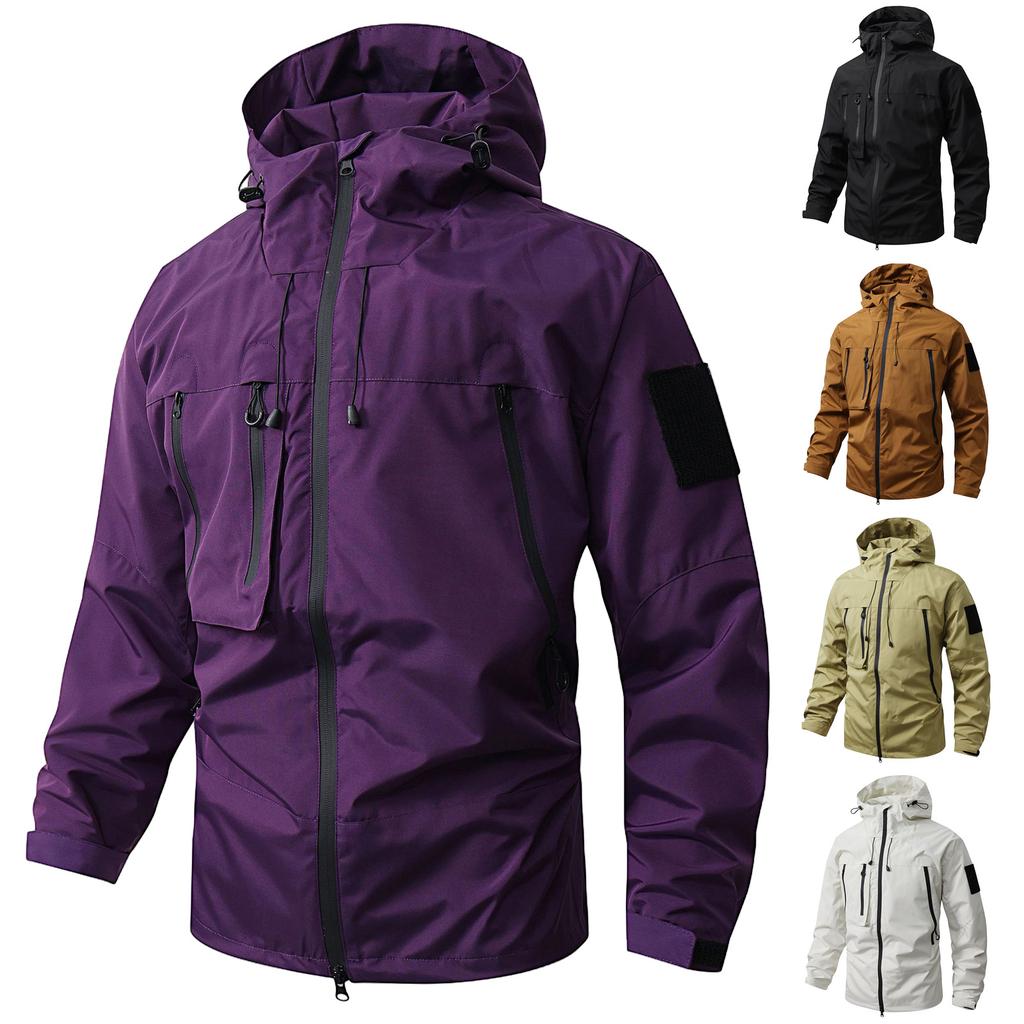 Men's Solid Color Outdoor Workwear Casual Loose Zipper Pocket Warm Long Sleeved Hooded Jacket