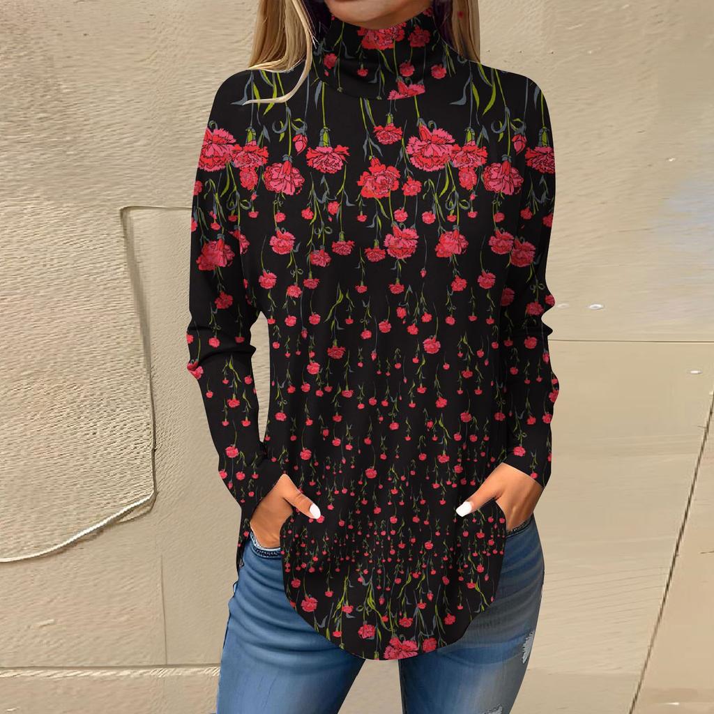 Tee Shirts For Women Fall Casual Long Sleeve Shirts Sweatshirt Solid Color High Neck Top Pullover