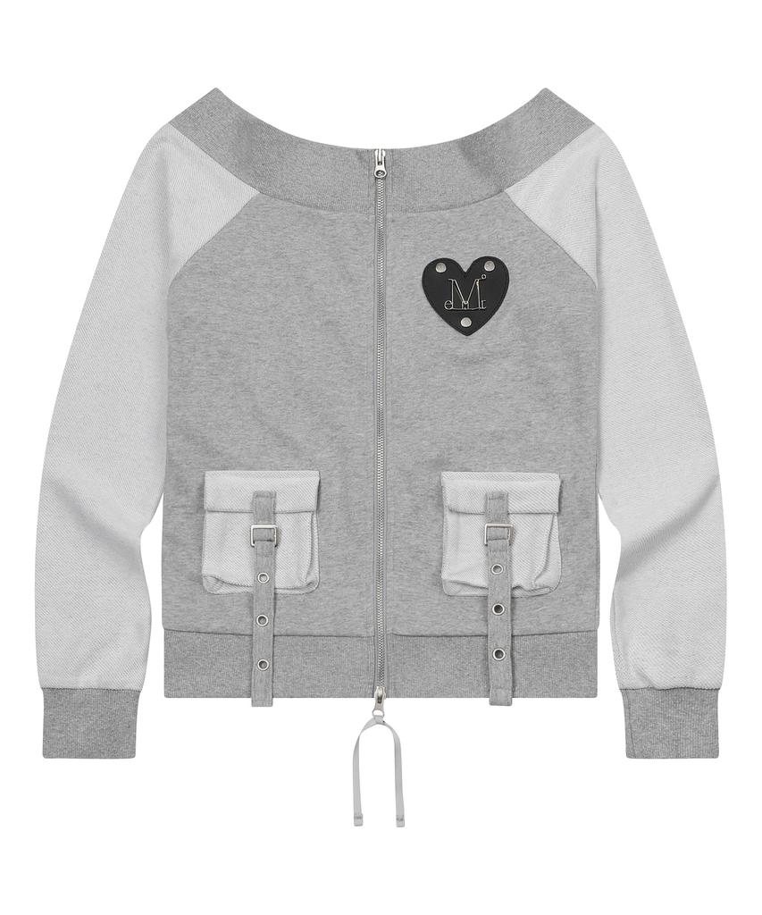 MUCENT Tire Metal Logo Heart Patch Off-Shoulder Zip-Up Sweatshirt (2 Colors)