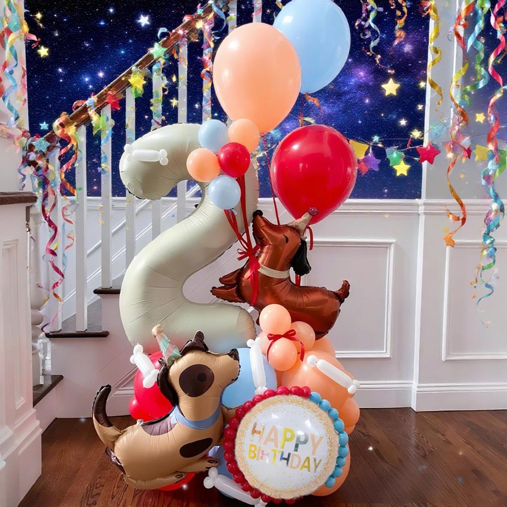 Milk white digital column balloon set with cute dog aluminum foil balloons for anniversary, birthday party decoration (0-9)