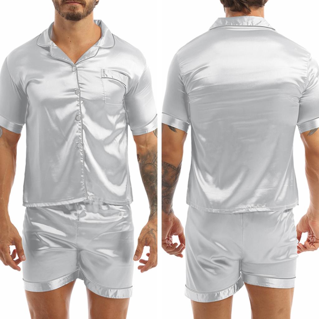 Men 2Pcs Silky Satin Pajamas Set Button Down Shirt Top with Boxer Shorts for Sleepwear Loungewear