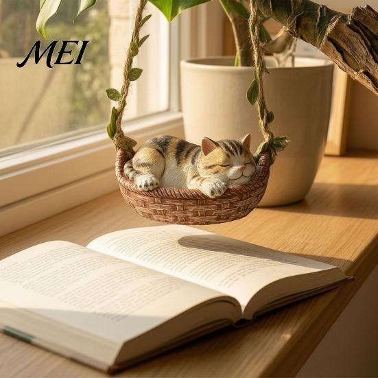 Decorative Vine Rope Cat Craft Hanging Basket Statue, Cute Sleeping Kitten Figurine, Outdoor Resin Ornament for Garden Patio Porch Decoration