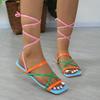 Лето 2024 года, новые женские разноцветные ремни, однотонные, квадратный носок, открытый носок, плоские сандалии, женская мода, повседневные пляжные сандалии