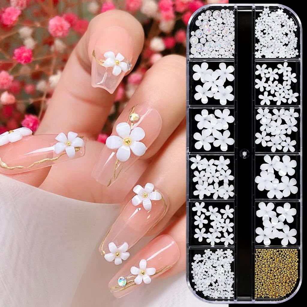 Flowers Nail Art Decorations, White Blossom Beads Pearl Nail Sequins Design Set, Floral Studs Rhinestone Gems for Nail Stickers Decals Foils