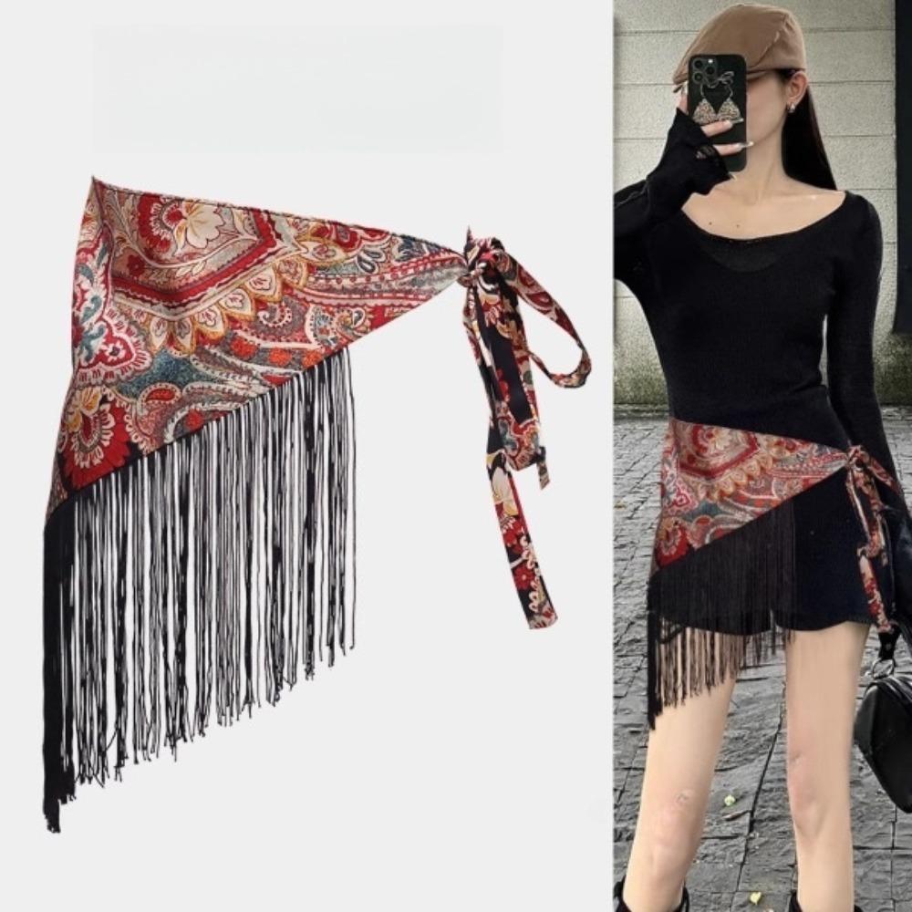 Chinese Style Triangular Waist Belt Printing Mini Apron Fashion Bohemia Wide Waistband  Streetwear