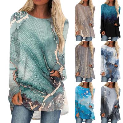 Модная женская повседневная футболка больших размеров с длинными рукавами и круглым вырезом с принтом