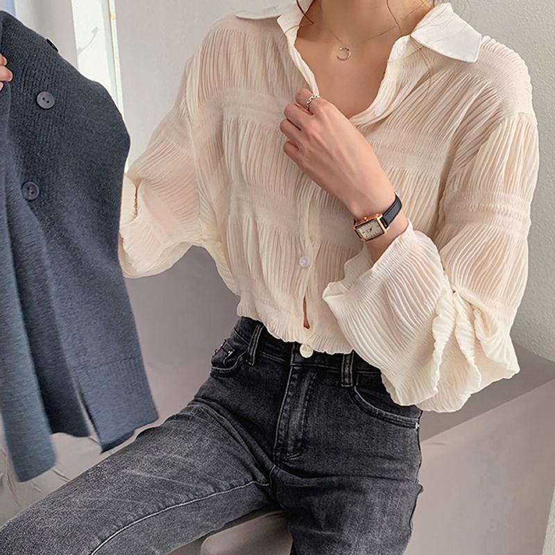 Chiffon Blouses Women Turn Down Collar Long Sleeve Korean Fashion Vintage Elegant Casual Office Lady Large Size Shirts