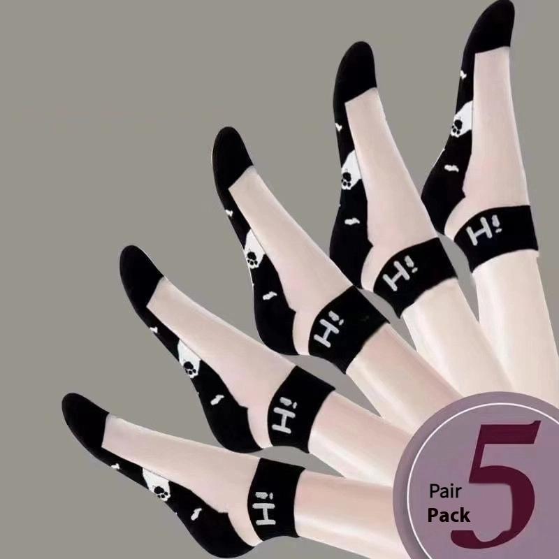 5 пар/лот Летние носки Черно-белый кот Стеклянный шелк Дышащие Женские носки Простые Короткие носки