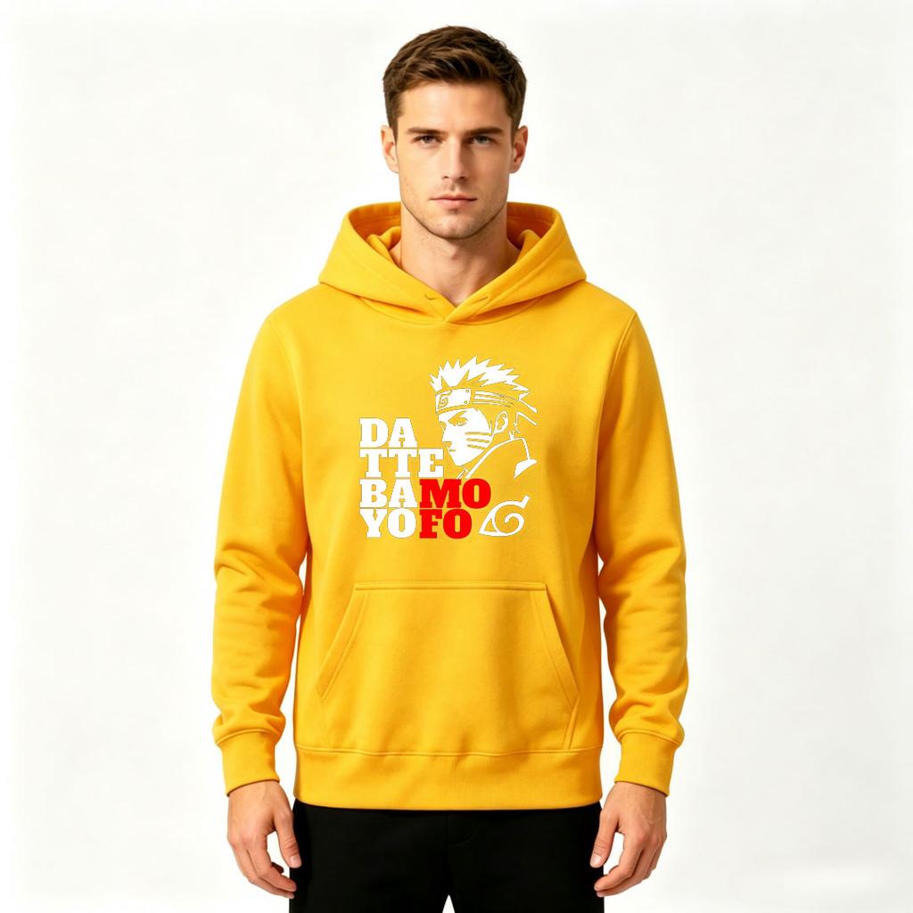 Men Funny Anime Dattebamoyofo Print Pullover Hoodie Casual Long Sleeve Comfortable Hooded Sweatshirt