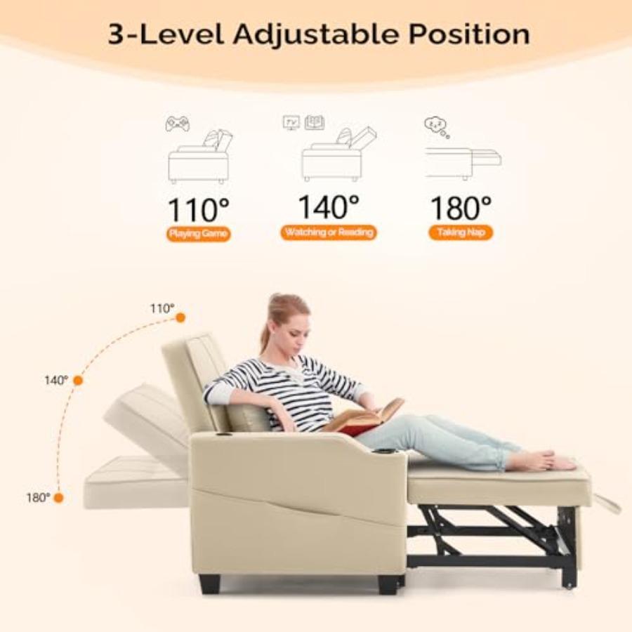 Sofa Bed Chair Recliner, 3-in-1 Convertible Sleeper Sofa Chair Bed Beige Daybed Pull Out Couch Bed with Adjustable Backrest, US
