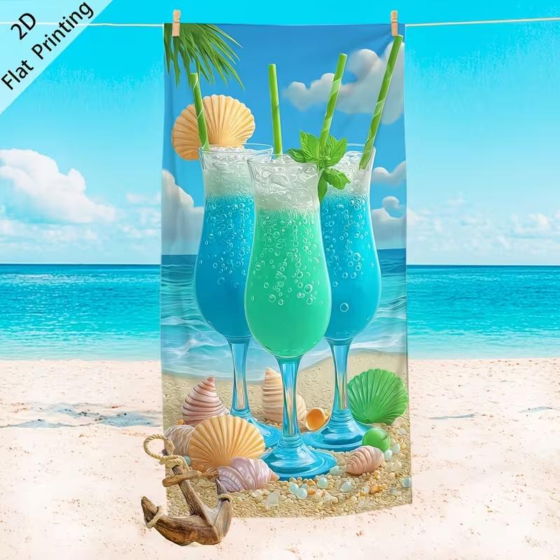 Tropical Cocktail Print Beach Towel Blue Green Drink Pattern Towel Soft Absorbent Quick Dry Beach Blanket for Summer
