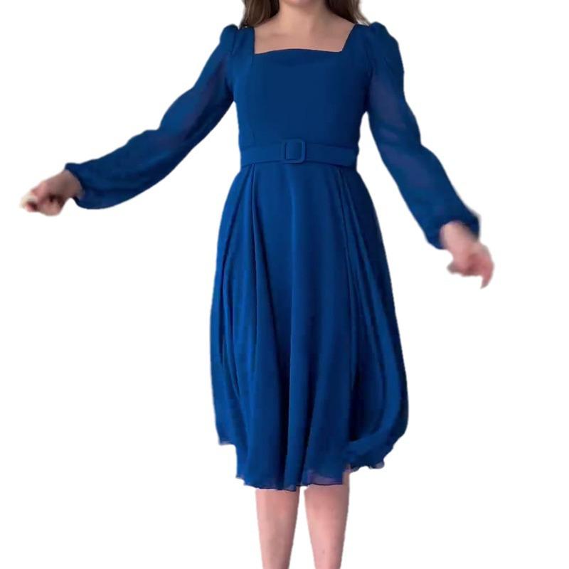 2024 Осень Европейский и Американский Ретро Однотонное Платье с Квадратным Вырезом Элегантное с Длинным Рукавом