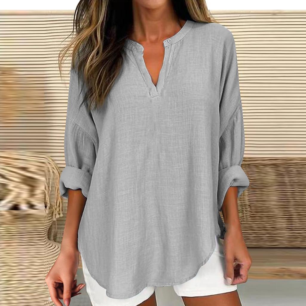 Women's Cotton Linen Solid Color Long Sleeve Shirt V-Neck Loose Blouse Pullover Top