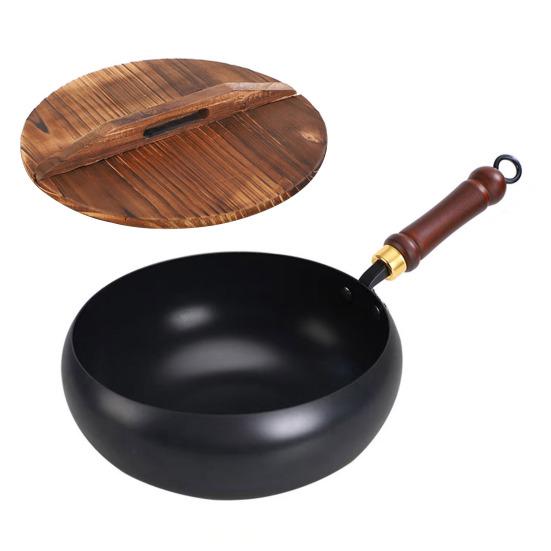 Traditional Forged Iron Wok with Wooden Lid Non-Stick Uncoated Iron Pan Japanese Cookware for Gas Induction & Electric Stoves