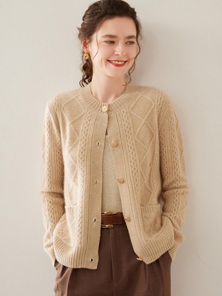 Women's Cable Knit Wool Cardigan - Long Sleeve, Single Breasted, Thick Cashmere Knitwear for Autumn and Winter