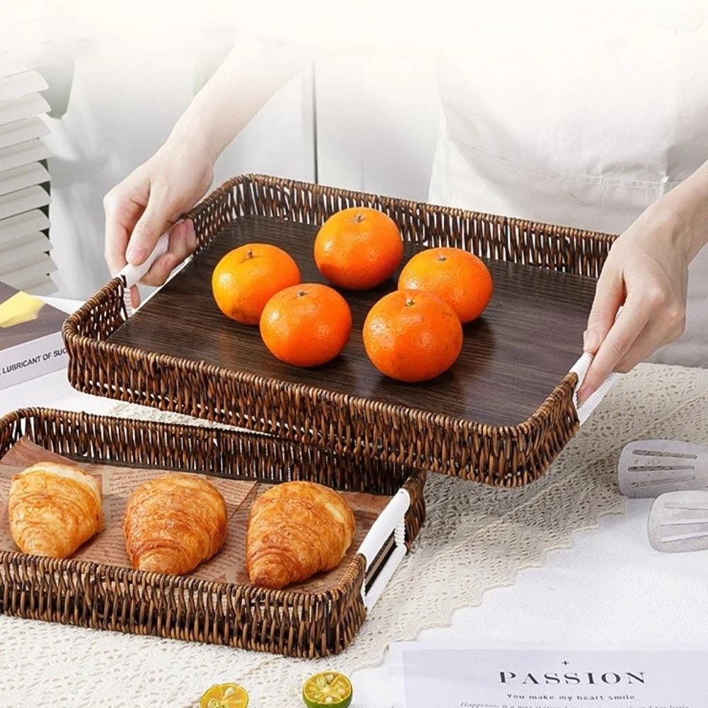 Retro Style Woven Serving Basket Handwoven Plastic Rattan Storage Tray Kitchen Storage
