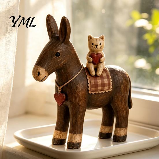 Vintage Style Collectibles Rustic Donkey Resin Figurine, Farmhouse with Cat Tabletop Pastoral Desk Accessories Decoration, Country Animal Statue