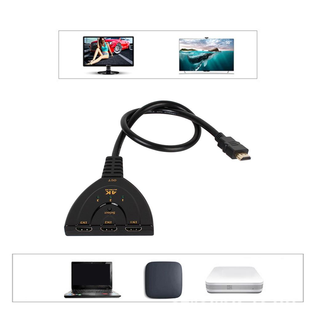 3 In 1 Out HD Multimedia Interface Switcher 4K 3 Port Video Switcher with Status Indicator Black