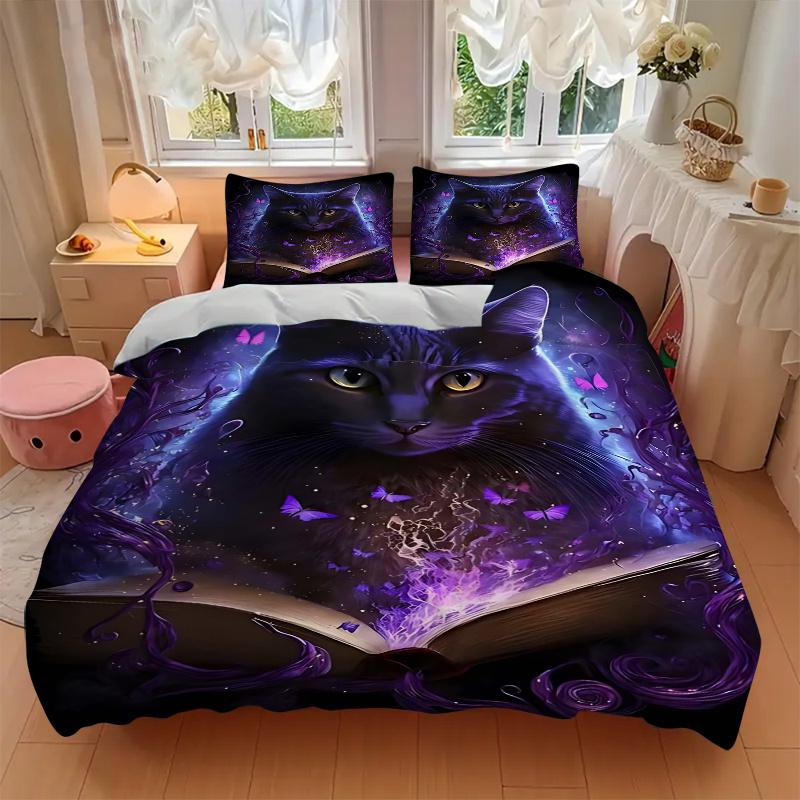 3pcs Purple Butterfly Fantasy Cat Comforter Set with One Quilt Cover and Two Pillowcases (No Core) - Home Decor, Festival Gift, Polyester Fabric, Anim