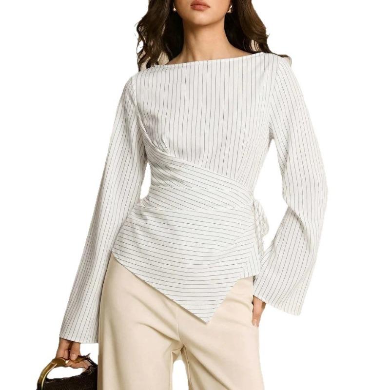 Women S Long Sleeve Striped Shirt Irregular Waist Design Casual