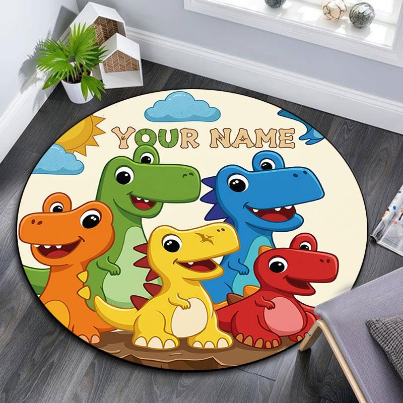 Custom Name,Cute Cartoon Dinosaur pattern round rug,Carpet Rug for Living Room Bedroom Playroom ,Non-slip Floor Mat,Holiday Gifts and Birthday Gifts.