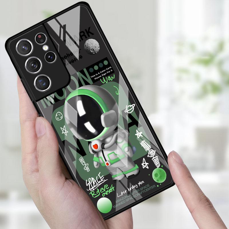 Стеклянный чехол для телефона для Samsung Galaxy S22 S21 S20 Ultra FE S9 S10 S8 Plus Note 20 10 Lite 9 8 Чехол Coque Милая голова Мини-астронавт