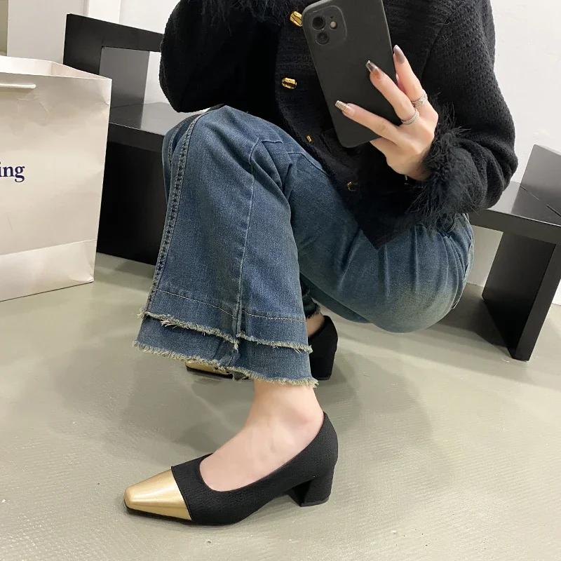 Модные универсальные черные туфли на высоком каблуке в стиле твида - женские весенне-летние модные туфли с металлическим носком и резиновым верхом