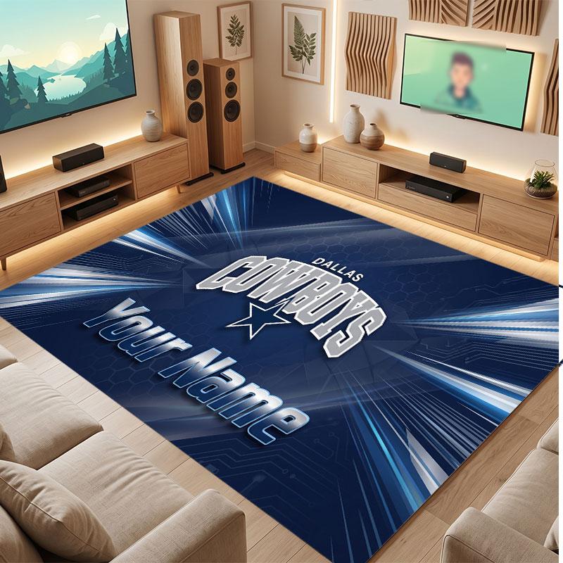 Dallas Cowboys Personalized Crystal Velvet Carpet, Customized Name Text Soft Anti‑Slip Rug for Living Room Bedroom