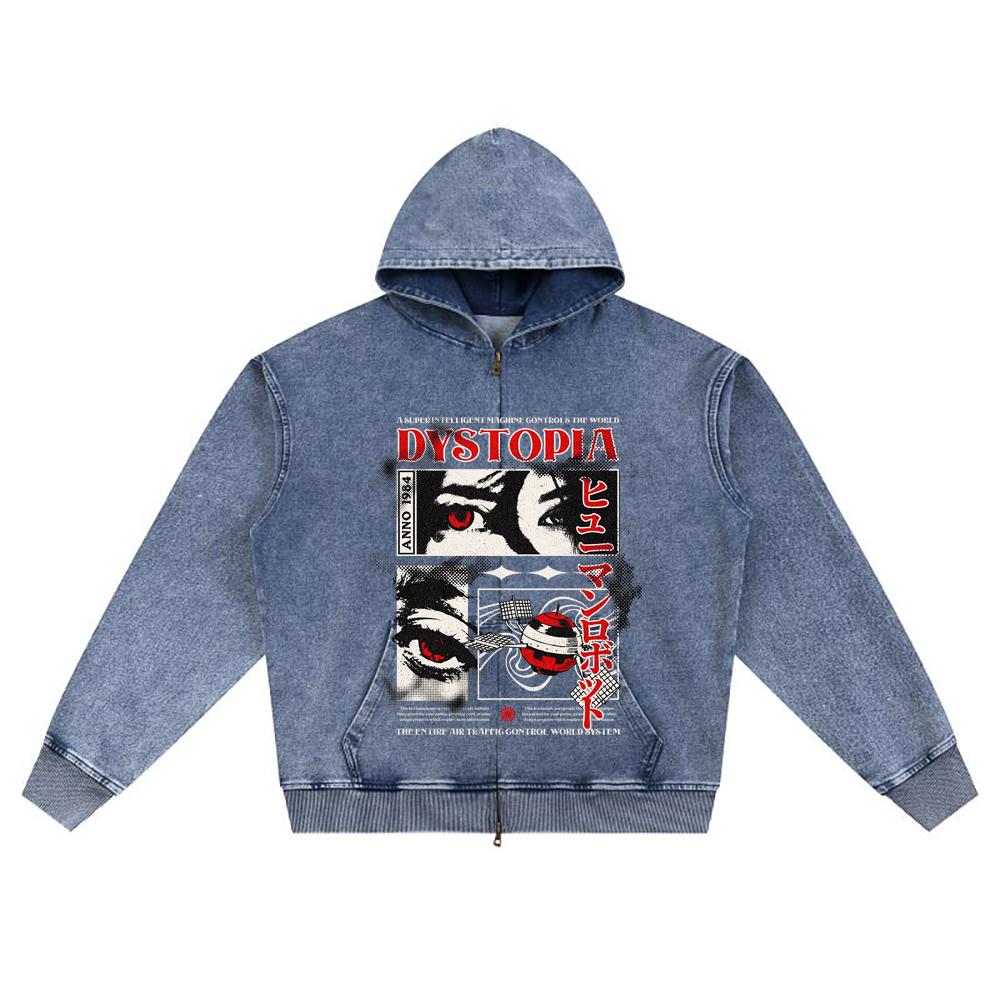 DTG print Knitted Denim Zip-Up Hoodie Dystopia Japanese Anime Brother Print Zipper Hoodies